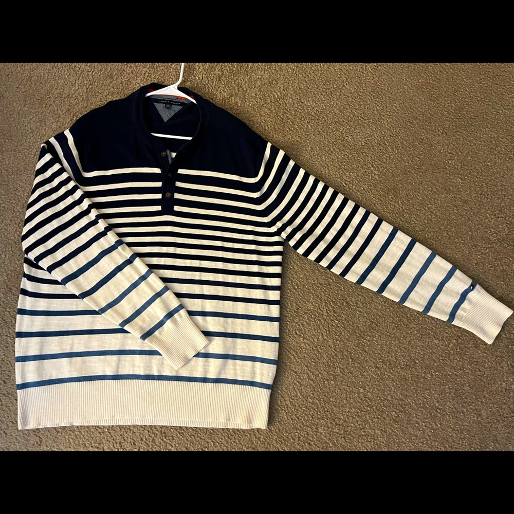Tommy Hilfiger Men’s Striped Sweater Blue and White XXL